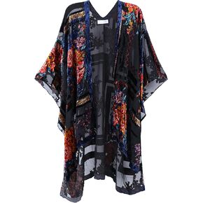 WeHello Women's Burnout Velvet Kimono Long Cardigan Cover Up with Tassel Black Flower Without Tassel