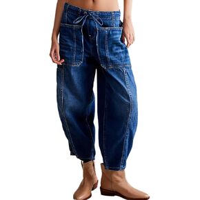 Womens Baggy Barrel Jeans Drawstring Elastic Low Rise Loose Boyfriend Ankle Wide Leg Denim Pants
