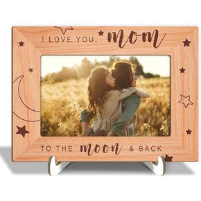 Mom Picture Frame - I Love You Mom to the Moon & Back, Photo Frame Gift for Women Mama Mother, Wood Picture Frame with Wood Stand, Home Shelf Desk Decor Tabletop Display, Fits 4x6" Horizontal -09