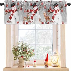 Santa Snowman Valance for Kitchen Window,Merry Christmas Reindeer Valances Rod Pocket Short Curtain,Xmas Ball Snow Leaves Topper Curtains Grey Window Treatment for Bedroom Bathroom Cafe