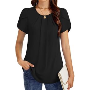 Funlingo Womens Summer Tops Dressy Casual Short Sleeve Tunic Chiffon Blouse Business Pleated Crew Neck Loose Flowy Shirts