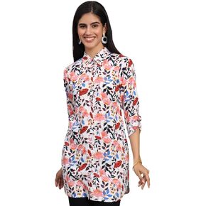 Tissu Women's Rayon White & Pink Printed Shirt Tunic Kurti