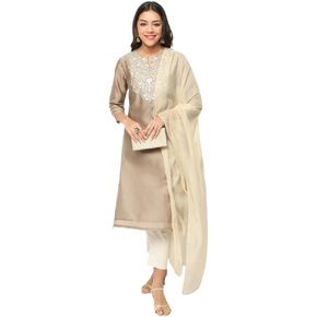 BARARA Indian Women's Champagne kurta Sets, Front Yoke Embroidery Kurti Round Neck 3/4 Sleeve, Casual Kurta for Women - Beige