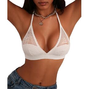 Luna & Sun Women Sexy Lace Deep V Lined Wirefree Halter Bralette with Back Hook Closure