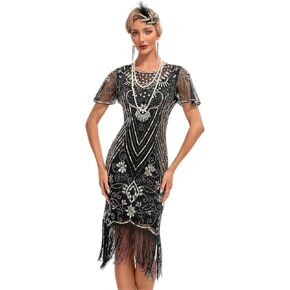 1920s Women's Flapper Dress Sequined Fringe Party Cocktail Dresses with 20s Accessories Set