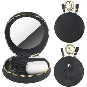 Bocasal Coin Pouch Mini Lipstick Cosmetic Bag with Airtag Holder Mirror, Leather Zipper Travel Makeup Bag Organizer Keychain Ring Clasp for Keys Earbuds Earphone Lip Gloss Chapstick Women Girl (Black)
