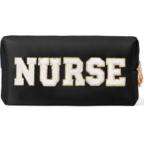 CY2SIDE NURSE Letter Makeup Bag - Gradient Pink Nurse Chenille Letter Patch Cosmetic Bag Pink PU Leather Patch Travel Pouch Waterproof Portable Zipper Travel Organizer Christmas Gifts for Nurse Women