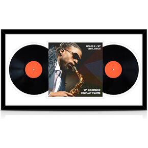 Qunclay 1 Pack 16x30 Inches Black Double Vinyl Record Frame with Double white white Matting Record Album Frames for 12x12 Lp Covers Vinyl Record Display for Home Office Wall Decor