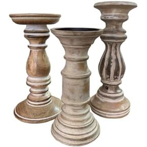 Handcrafted Mango Wood Decorative Pillar Candle Stands for Home Decor – Set of 3 Wooden Candle Holders