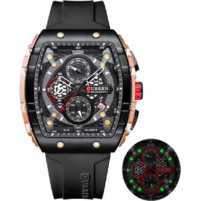Men's Luxury Chronograph Watch Tonneau Waterproof Quartz Anaolog Date Display Silicone Strap Luminous Military Sports Outdoor Black White Watches for Men