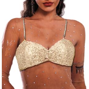 Sexy Sequin Ruched Tank Party Adjustable Glitter Crop Top Sleeveless Rhinestone Straps Tank Top Club Sparky Bra Top