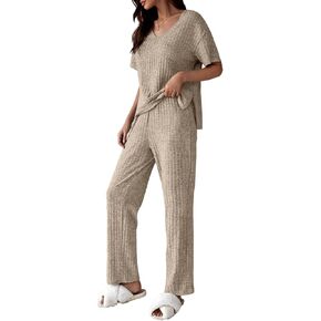 OYOANGLE Women's 2 Piece Pajama Set Ribbed Knit Round Neck Short Sleeve Drop Shoulder top and Pant Lounge Set