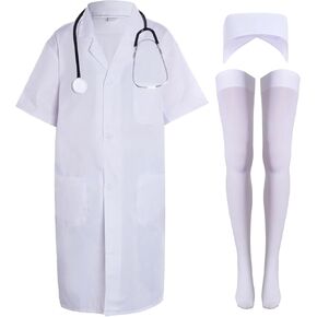 Nurse Doctor Costume for Women White Short Sleeve Lab Coat Halloween Nurse Dress Outfit for Costume Cosplay Party