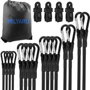 Bungee Cords with Carabiner Hooks Heavy Duty Outdoor Assorted Sizes Bungee Cords Set Includes 8" 12" 18" 24" 36" and Tarp Clips, 20 Pcs