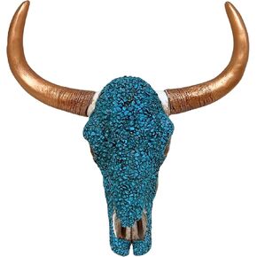 BestGiftEver Turquoise Cow Bison Skull Head with Gold-Tone Painted Horn Wall Hanging - Rustic Bull Skull Wall Art for Rustic Lodge Decor with Western Native American-Themed