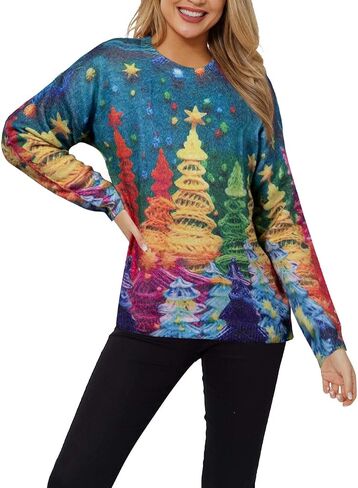 Ugly Christmas Sweater Women Funny Xmas Sweaters Knit Crewneck Long Sleeve Santa Pullover Tops 2024 in Saudi Arabia