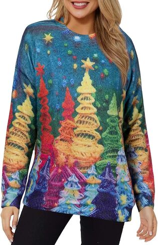 Ugly Christmas Sweater Women Funny Xmas Sweaters Knit Crewneck Long Sleeve Santa Pullover Tops 2024 in Saudi Arabia