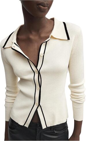 GORGLITTER Women's Contrast Trim Button Down Sweater Cardigan Long Sleeve Collar Rib Knit Tops in Saudi Arabia