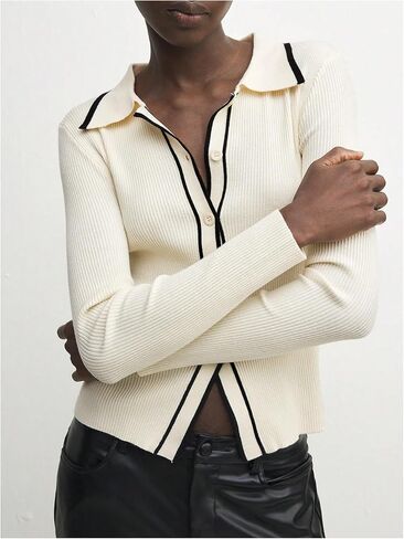 GORGLITTER Women's Contrast Trim Button Down Sweater Cardigan Long Sleeve Collar Rib Knit Tops in Saudi Arabia