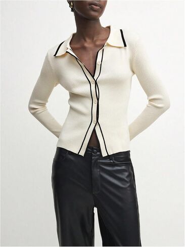 GORGLITTER Women's Contrast Trim Button Down Sweater Cardigan Long Sleeve Collar Rib Knit Tops in Saudi Arabia
