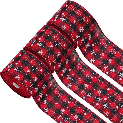 3 لفات عيد الميلاد ندفة الثلج الجاموس منقوشة الشريط السلكية حافة الشريط الأسود والأحمر منقوشة الخيش الشريط عيد الميلاد الاختيار الشريط الخيش لتغليف عيد الميلاد الديكور الحرف (6 ياردة × 2.5 بوصة) in Kuwait