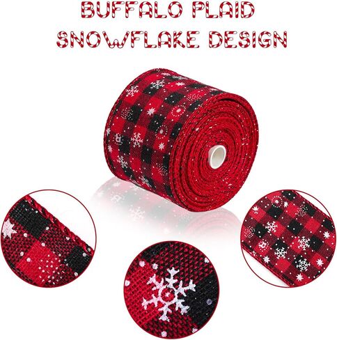 3 لفات عيد الميلاد ندفة الثلج الجاموس منقوشة الشريط السلكية حافة الشريط الأسود والأحمر منقوشة الخيش الشريط عيد الميلاد الاختيار الشريط الخيش لتغليف عيد الميلاد الديكور الحرف (6 ياردة × 2.5 بوصة) in Kuwait