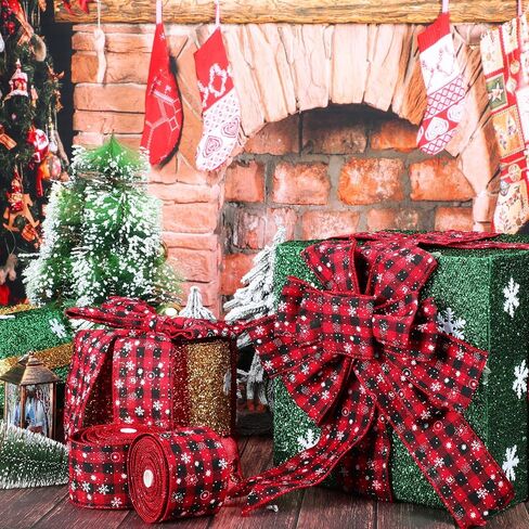 3 لفات عيد الميلاد ندفة الثلج الجاموس منقوشة الشريط السلكية حافة الشريط الأسود والأحمر منقوشة الخيش الشريط عيد الميلاد الاختيار الشريط الخيش لتغليف عيد الميلاد الديكور الحرف (6 ياردة × 2.5 بوصة) in Kuwait