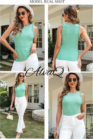 AlvaQ Womens Tank Tops 2024 Summer Casual Basic Striped Crewneck Ruffle Sleeveless Shirts in Saudi Arabia