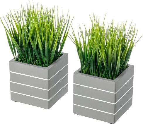 MyGift Artificial Green Grass Plants in Vintage Black Wood 4 Inch Planter Boxes, Faux Greenery in Decorative Square Crate Style Wooden Containers, Set of 3 in Kuwait