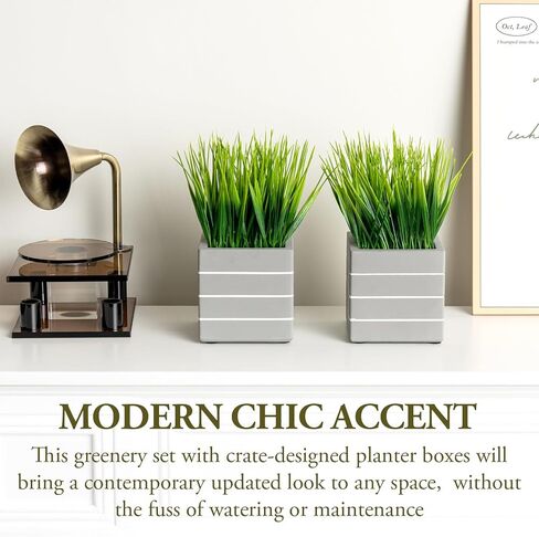 MyGift Artificial Green Grass Plants in Vintage Black Wood 4 Inch Planter Boxes, Faux Greenery in Decorative Square Crate Style Wooden Containers, Set of 3 in Kuwait