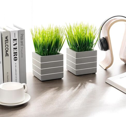 MyGift Artificial Green Grass Plants in Vintage Black Wood 4 Inch Planter Boxes, Faux Greenery in Decorative Square Crate Style Wooden Containers, Set of 3 in Kuwait