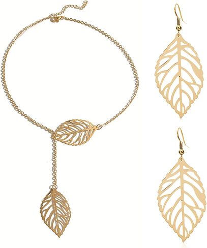 WCRAZYE Bohemian Leaf Earrings and Necklace Set for Women Unique Simple Gold Silver Lightweight Cutout Leaf Dangle Drop Earrings Fashion Filigree Leaf Y Necklace Gold Leaves Y Lariat Necklace Choker Jewelry Gifts in Kuwait