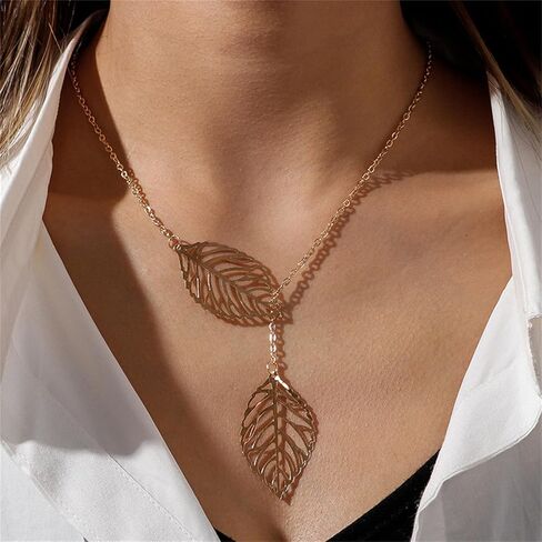 WCRAZYE Bohemian Leaf Earrings and Necklace Set for Women Unique Simple Gold Silver Lightweight Cutout Leaf Dangle Drop Earrings Fashion Filigree Leaf Y Necklace Gold Leaves Y Lariat Necklace Choker Jewelry Gifts in Kuwait