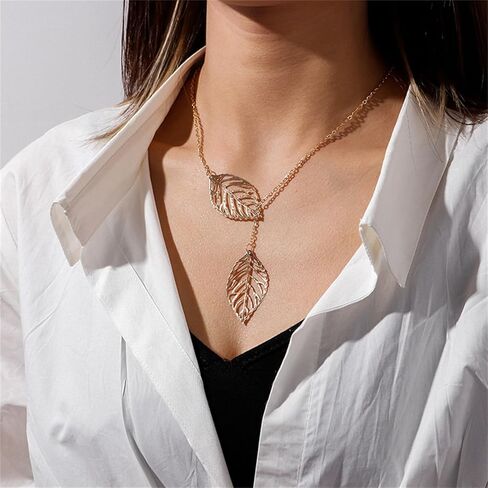 WCRAZYE Bohemian Leaf Earrings and Necklace Set for Women Unique Simple Gold Silver Lightweight Cutout Leaf Dangle Drop Earrings Fashion Filigree Leaf Y Necklace Gold Leaves Y Lariat Necklace Choker Jewelry Gifts in Kuwait