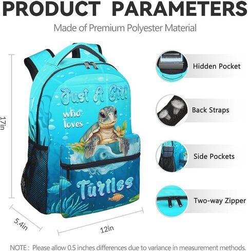 School Backpack for Teen Girls - 17 Inch Blue Turtle Backpacks - Cartoon Lightweight Durable Bookbag for Kids in Kuwait