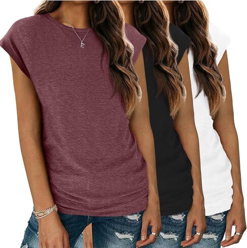 Zeagoo Womens 3 Pack Crewneck Cap Sleeve Tank Tops Casual Basic T Shirts Loose Fit Tee Summer Tops 2025 in Saudi Arabia