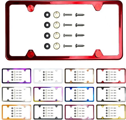 Four Holes Slim License Plate Frame Candy Red Powder Coated Universal Fit Aluminum Screw On Cap Cover, T304 Stainless Steel, Rust Proof Weather Proof Stainless Steel Screws (Qty: 1 Frame) in Saudi Arabia