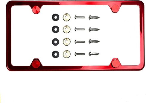 Four Holes Slim License Plate Frame Candy Red Powder Coated Universal Fit Aluminum Screw On Cap Cover, T304 Stainless Steel, Rust Proof Weather Proof Stainless Steel Screws (Qty: 1 Frame) in Saudi Arabia