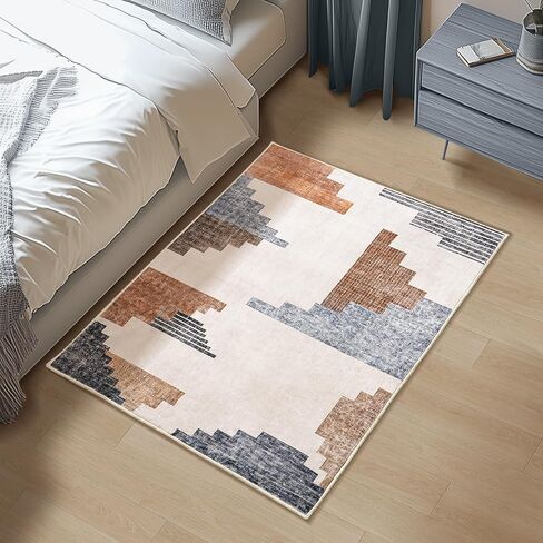 سجادة عداء تجريدية هندسية قابلة للغسل، تصميم سلم هرمي، سجاد حديث باللونين الأزرق والبني، سجاد عداء المدخل ذو لمسة عتيقة غير قابل للانزلاق لغرفة النوم والمطبخ ومدخل الحمام، سجادة زرقاء مقاس 2 × 6 in Kuwait