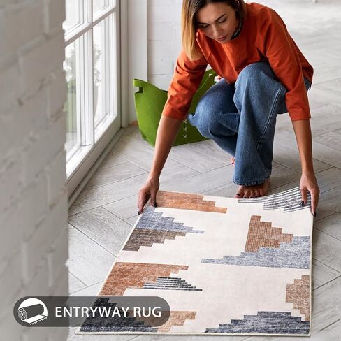 سجادة عداء تجريدية هندسية قابلة للغسل، تصميم سلم هرمي، سجاد حديث باللونين الأزرق والبني، سجاد عداء المدخل ذو لمسة عتيقة غير قابل للانزلاق لغرفة النوم والمطبخ ومدخل الحمام، سجادة زرقاء مقاس 2 × 6 in Kuwait