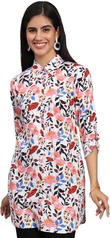 Tissu Women's Rayon White & Pink Printed Shirt Tunic Kurti in Saudi Arabia