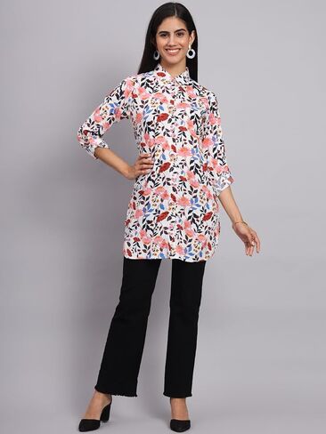 Tissu Women's Rayon White & Pink Printed Shirt Tunic Kurti in Saudi Arabia