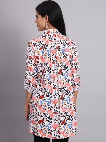 Tissu Women's Rayon White & Pink Printed Shirt Tunic Kurti in Saudi Arabia
