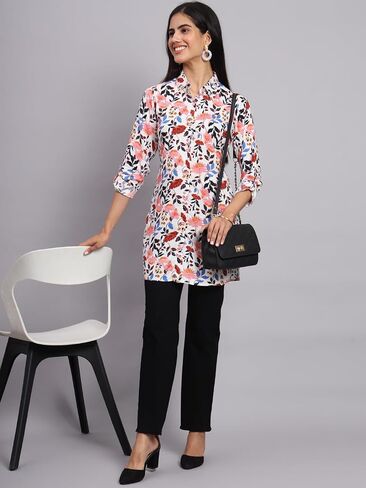 Tissu Women's Rayon White & Pink Printed Shirt Tunic Kurti in Saudi Arabia