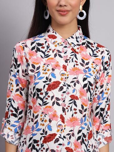 Tissu Women's Rayon White & Pink Printed Shirt Tunic Kurti in Saudi Arabia
