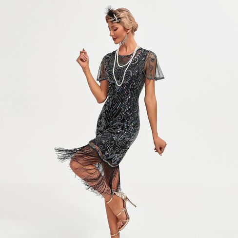 1920s Women's Flapper Dress Sequined Fringe Party Cocktail Dresses with 20s Accessories Set in Saudi Arabia