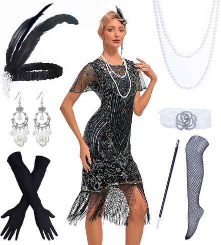 1920s Women's Flapper Dress Sequined Fringe Party Cocktail Dresses with 20s Accessories Set in Saudi Arabia