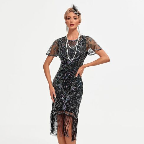 1920s Women's Flapper Dress Sequined Fringe Party Cocktail Dresses with 20s Accessories Set in Saudi Arabia