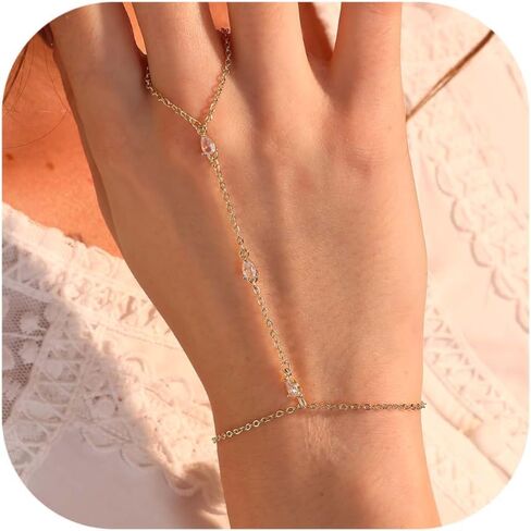 Hand Chain Gold Bracelets for Women Dainty Gold Plated Finger Ring Zircon Adjustable Hand Chain Jewelry for Women Trendy Bracelets for Women Trendy Gold Hand Chain in Kuwait