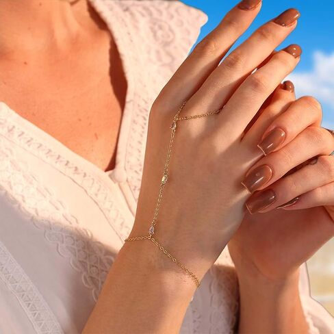 Hand Chain Gold Bracelets for Women Dainty Gold Plated Finger Ring Zircon Adjustable Hand Chain Jewelry for Women Trendy Bracelets for Women Trendy Gold Hand Chain in Kuwait